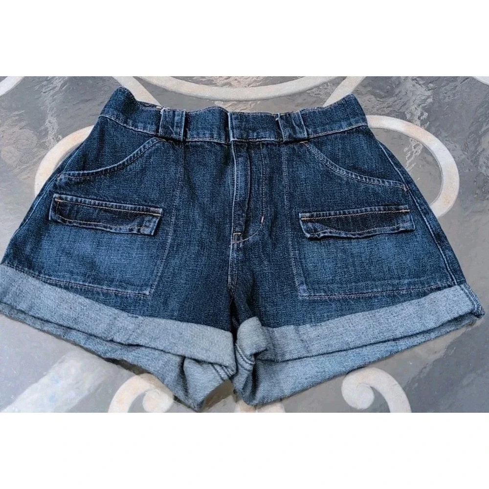Sz 7 Hollister Womens Ultra High Rise Mom‎ Shorts  Blue Denim Cuffed Elastic EUC